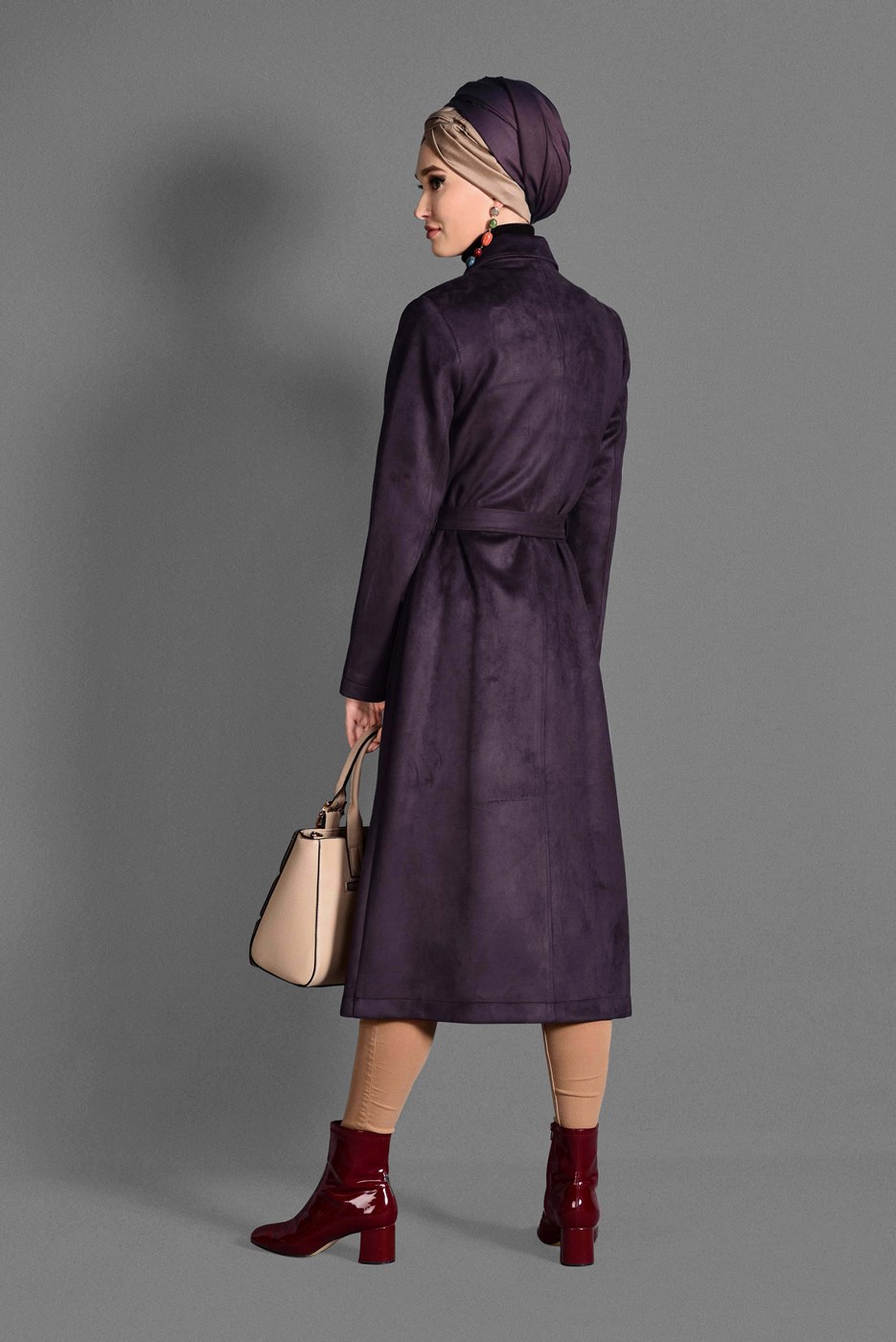 Tesettür giyim MÜRDÜM KUŞGÖZÜ DETAYLI SÜET TRENÇKOT 1168 