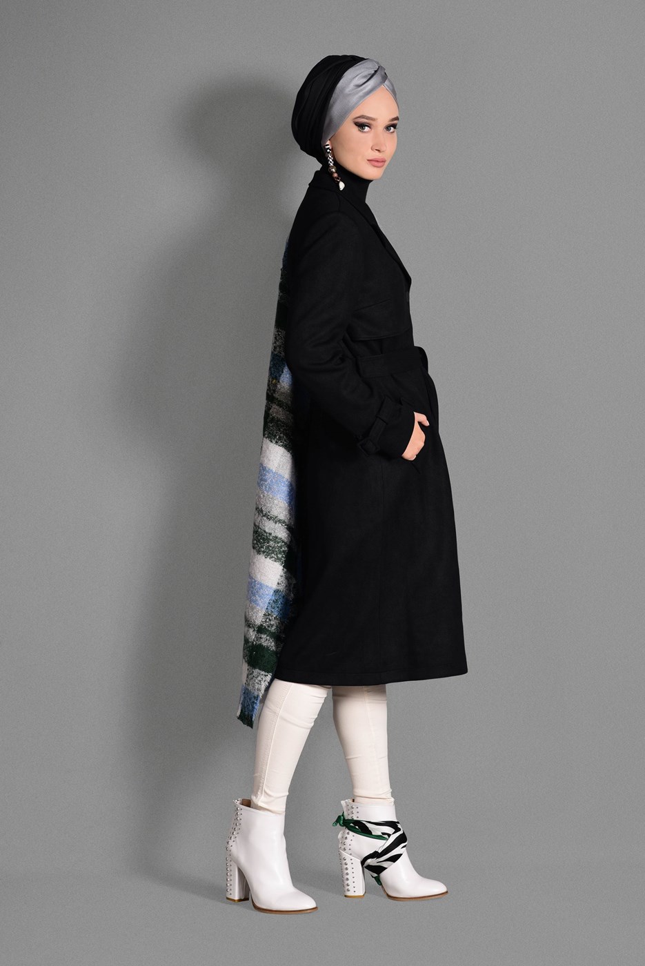 Tesettür giyim SİYAH KRUVAZE YAKA TRENÇKOT 1169 