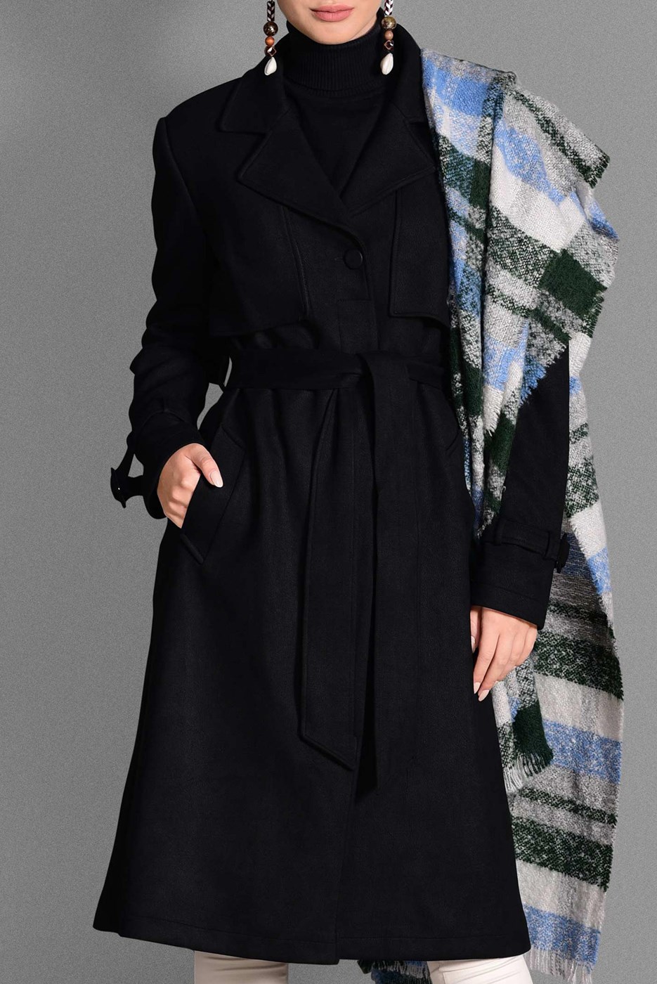 Tesettür giyim SİYAH KRUVAZE YAKA TRENÇKOT 1169 