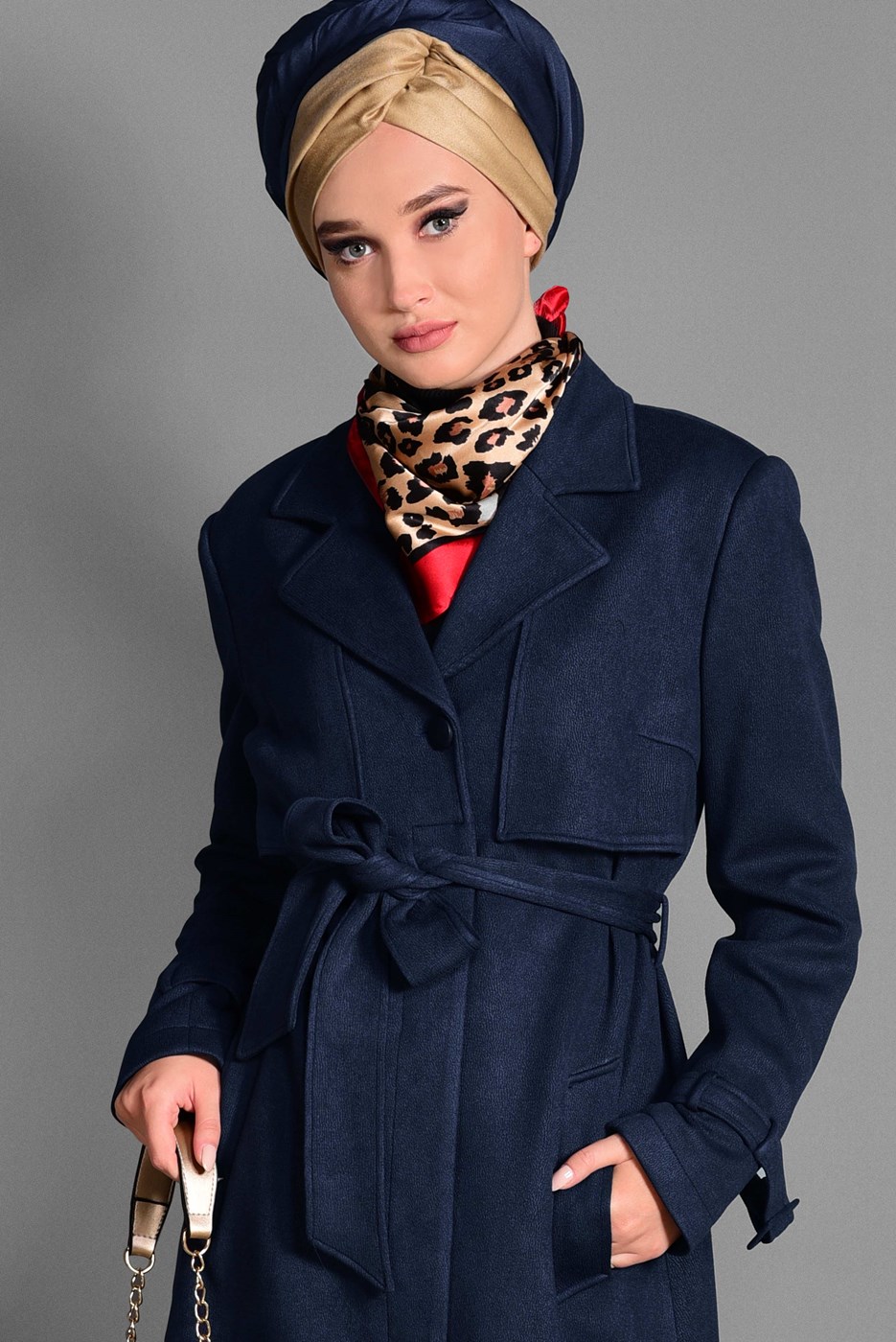 Tesettür giyim LACİVERT KRUVAZE YAKA TRENÇKOT 1169 