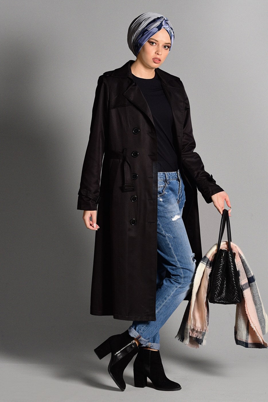 Tesettür giyim SİYAH PAMUKLU KEMERLİ TRENÇKOT 2108 