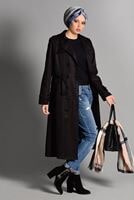 Tesettür giyim SİYAH PAMUKLU KEMERLİ TRENÇKOT 2108 