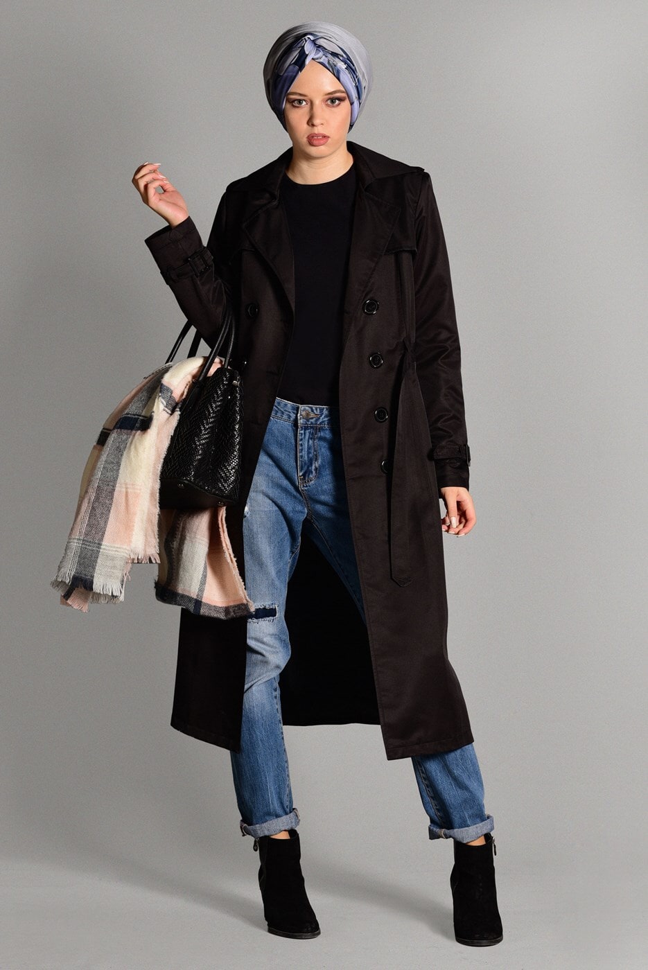 Tesettür giyim SİYAH PAMUKLU KEMERLİ TRENÇKOT 2108 