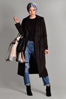 Tesettür giyim SİYAH PAMUKLU KEMERLİ TRENÇKOT 2108 