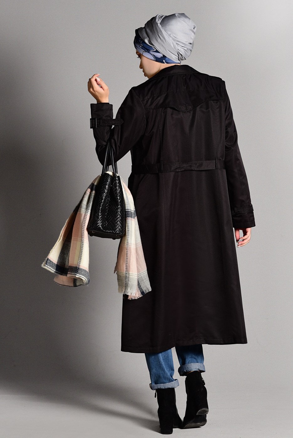 Tesettür giyim SİYAH PAMUKLU KEMERLİ TRENÇKOT 2108 