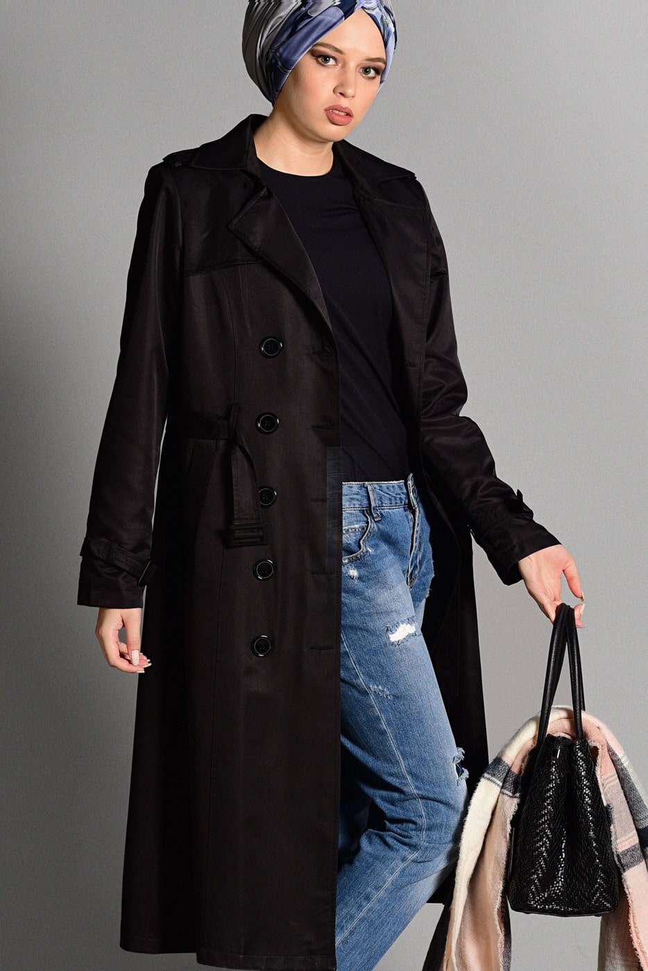 Tesettür giyim SİYAH PAMUKLU KEMERLİ TRENÇKOT 2108 