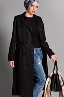 Tesettür giyim SİYAH PAMUKLU KEMERLİ TRENÇKOT 2108 