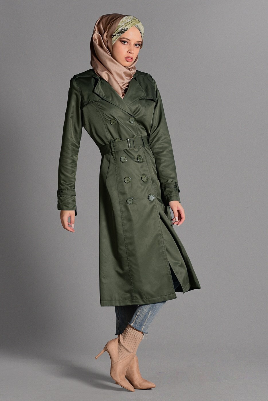 Tesettür giyim HAKİ PAMUKLU KEMERLİ TRENÇKOT 2108 