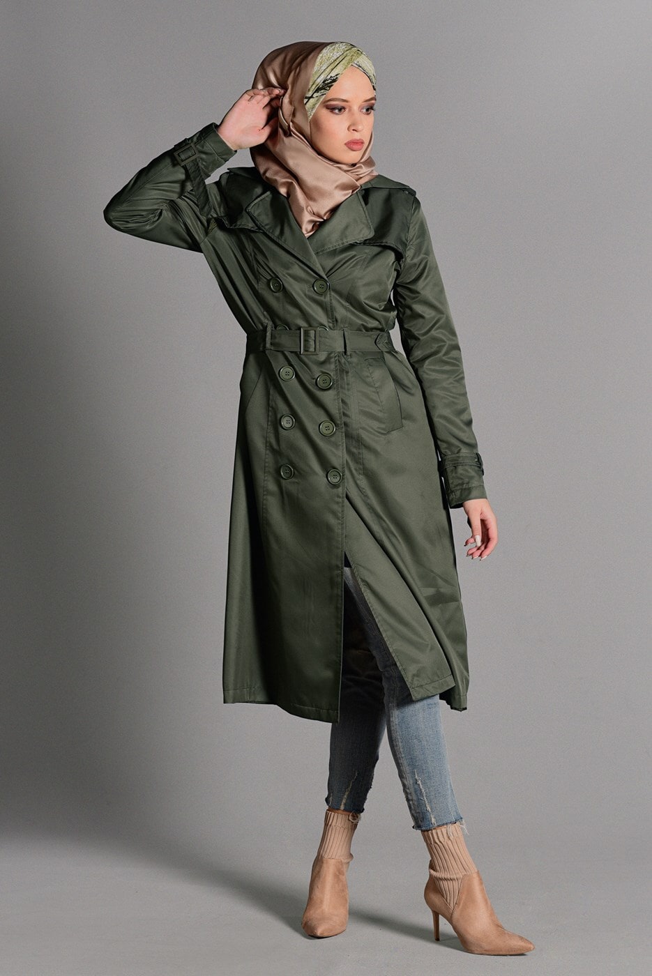 Tesettür giyim HAKİ PAMUKLU KEMERLİ TRENÇKOT 2108 