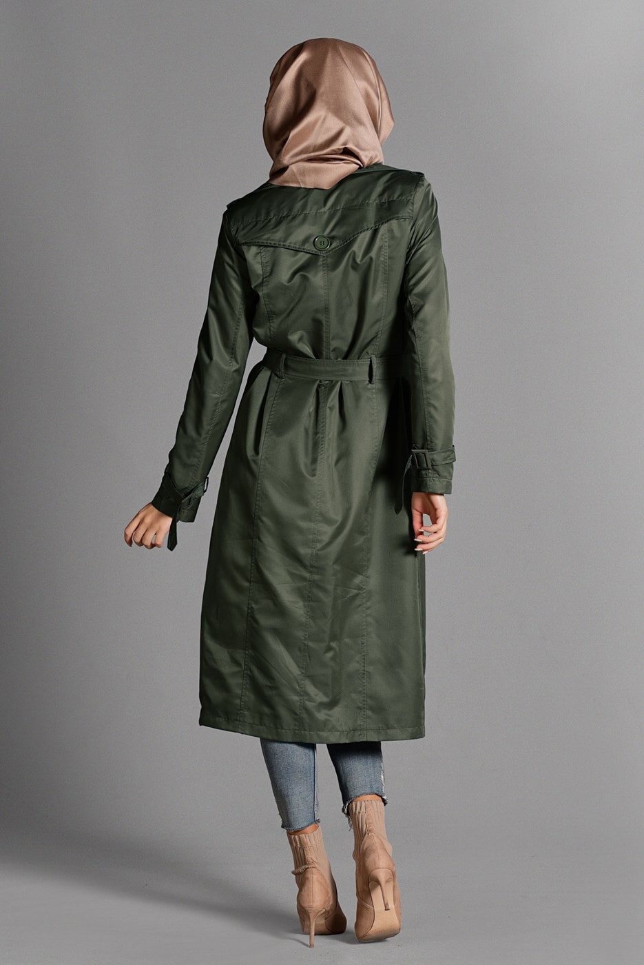 Tesettür giyim HAKİ PAMUKLU KEMERLİ TRENÇKOT 2108 