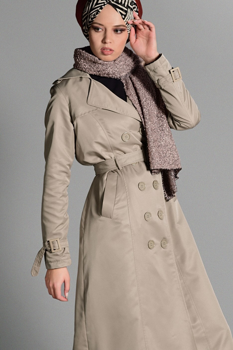 Tesettür giyim VİZON PAMUKLU KEMERLİ TRENÇKOT 2108 