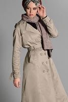 Tesettür giyim VİZON PAMUKLU KEMERLİ TRENÇKOT 2108 