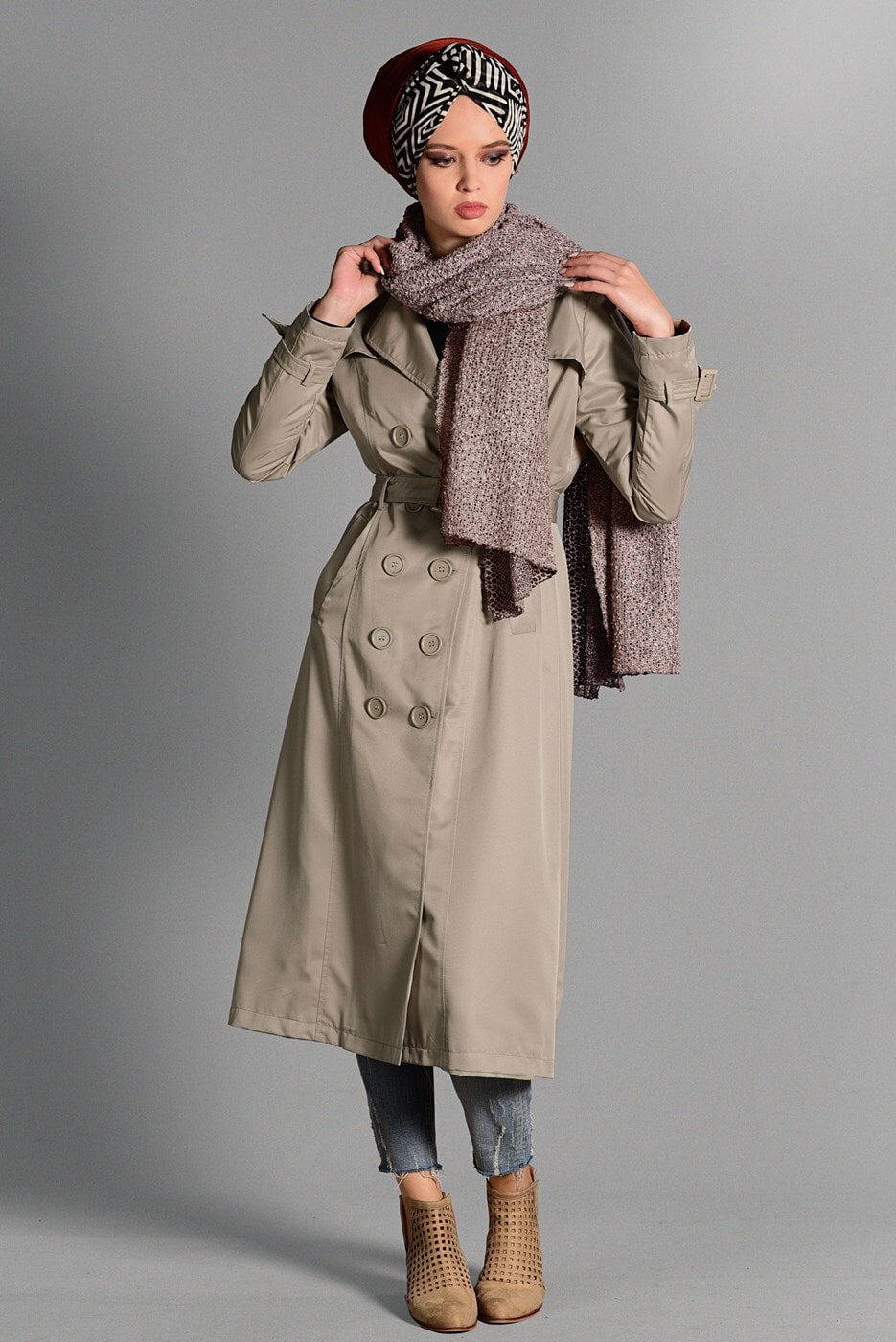 Tesettür giyim VİZON PAMUKLU KEMERLİ TRENÇKOT 2108 