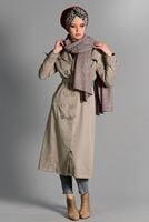 Tesettür giyim VİZON PAMUKLU KEMERLİ TRENÇKOT 2108 