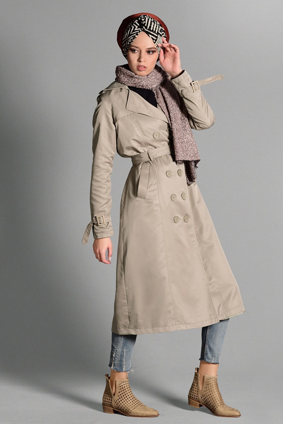 Tesettür giyim VİZON PAMUKLU KEMERLİ TRENÇKOT 2108 