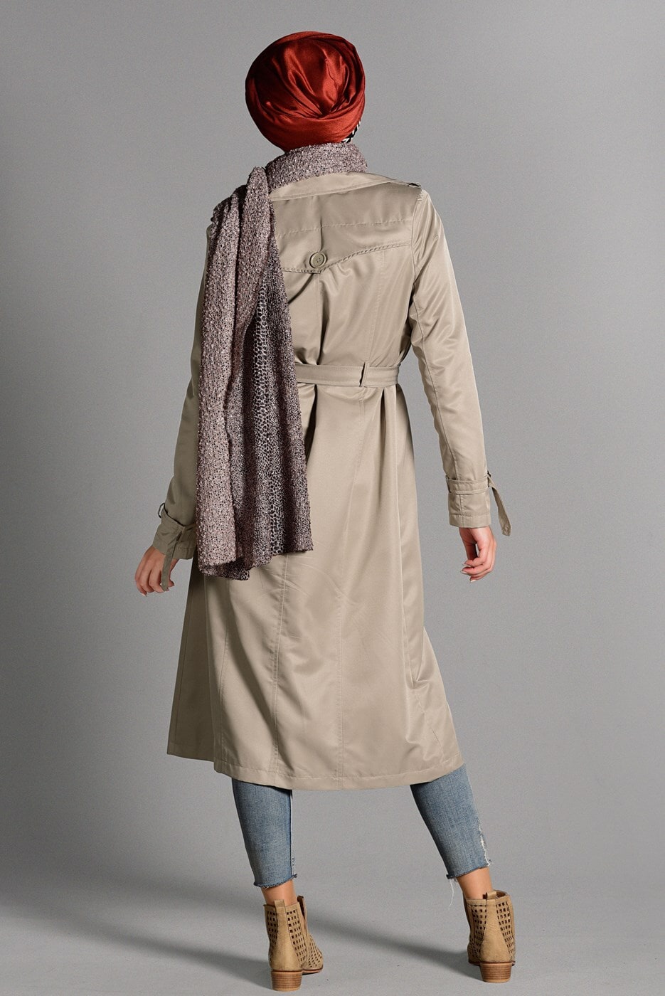 Tesettür giyim VİZON PAMUKLU KEMERLİ TRENÇKOT 2108 