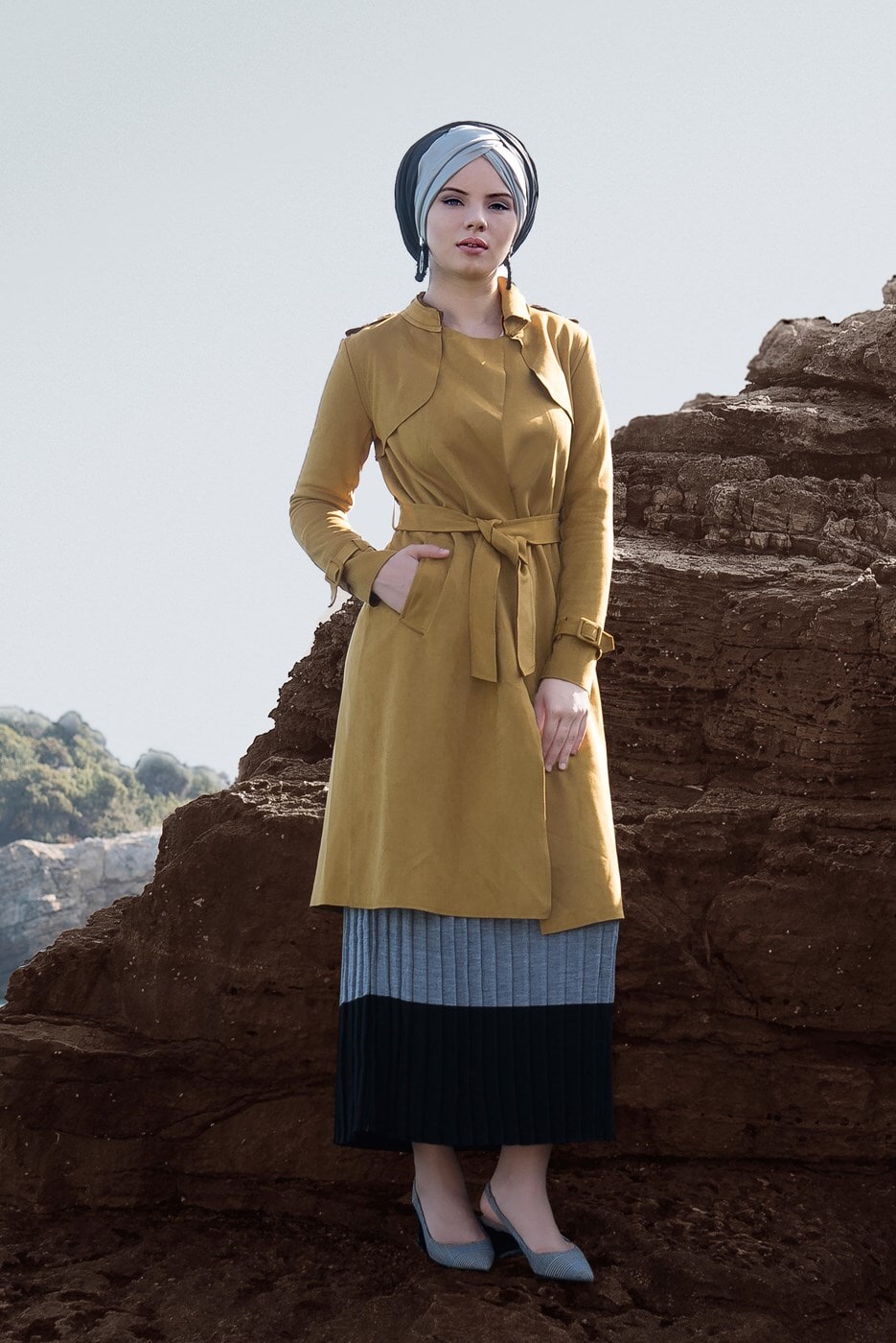 Hijab clothing ORANGE CLASSIC SUEDE TRENCH-COAT 2743