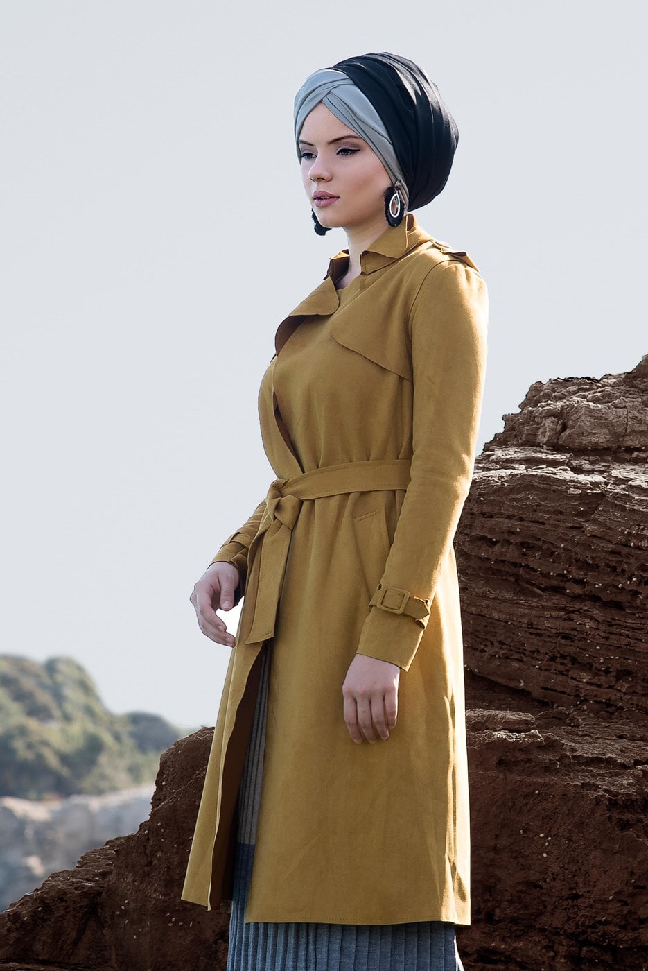 Hijab clothing ORANGE CLASSIC SUEDE TRENCH-COAT 2743