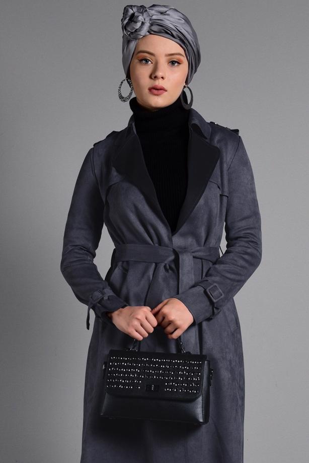 Tesettür giyim  KLASİK KESİM SÜET TRENÇKOT 2743 - TRENDTESETTÜR