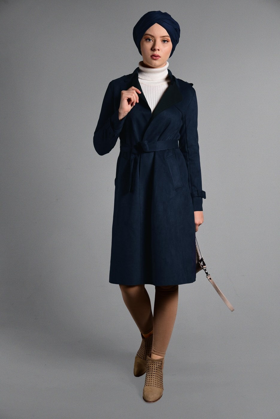Hijab clothing NAVY BLUE CLASSIC SUEDE TRENCH-COAT 2743