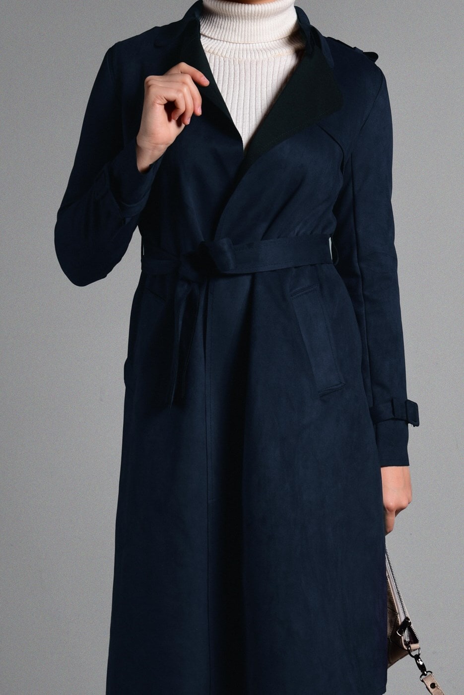 Hijab clothing NAVY BLUE CLASSIC SUEDE TRENCH-COAT 2743