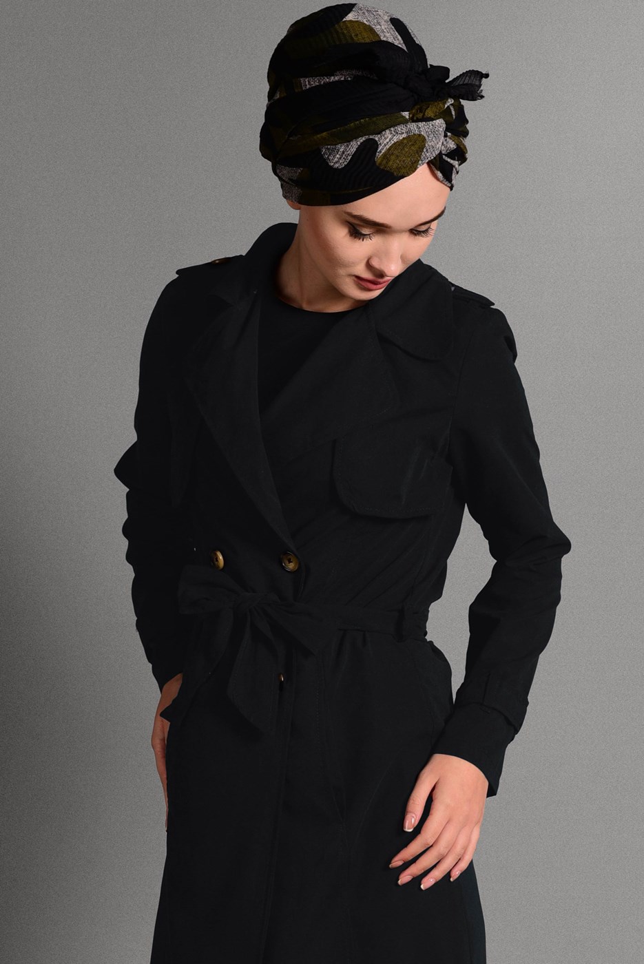 Hijab clothing BLACK BELTED TRENCH-COAT 6308 