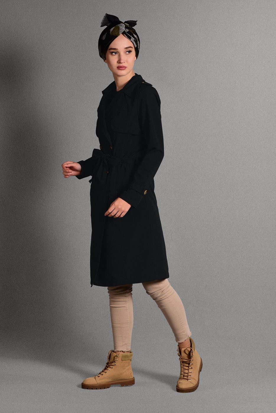 Hijab clothing BLACK BELTED TRENCH-COAT 6308 