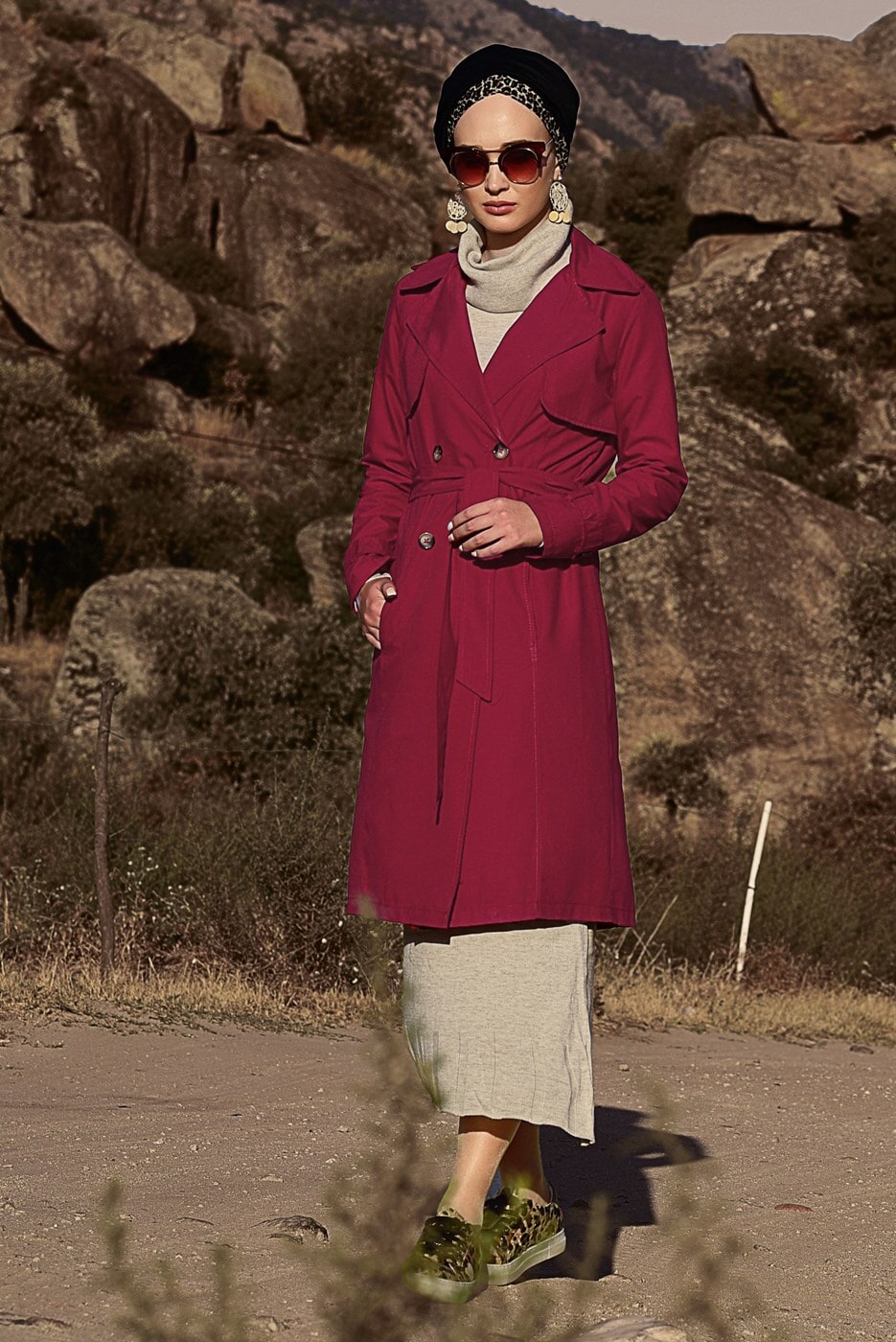 Vêtements hijab ROUGE TRENCH-COAT AVEC CEINTURE 6308