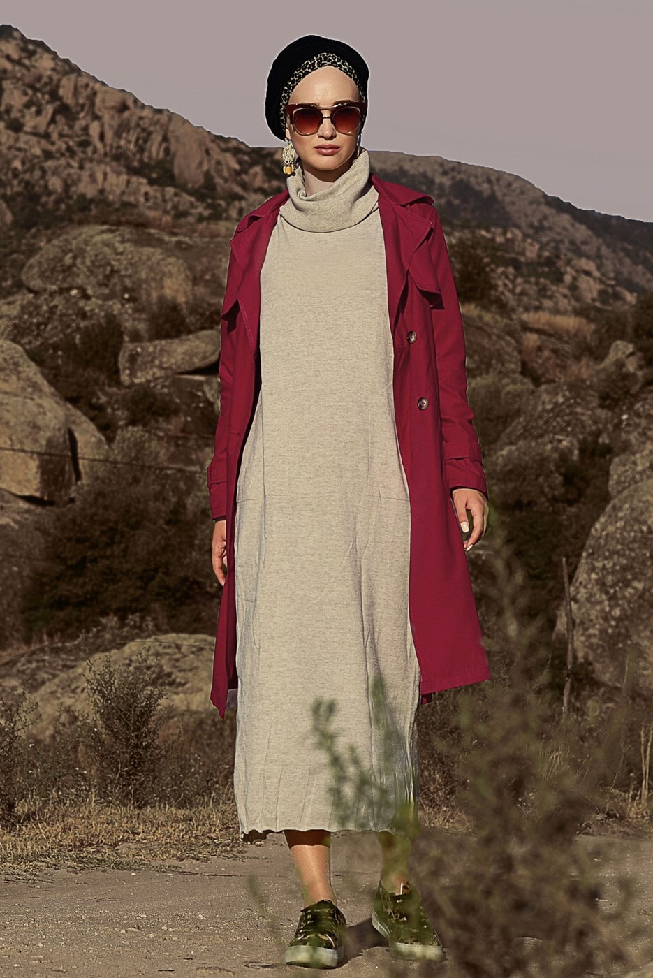 Vêtements hijab ROUGE TRENCH-COAT AVEC CEINTURE 6308