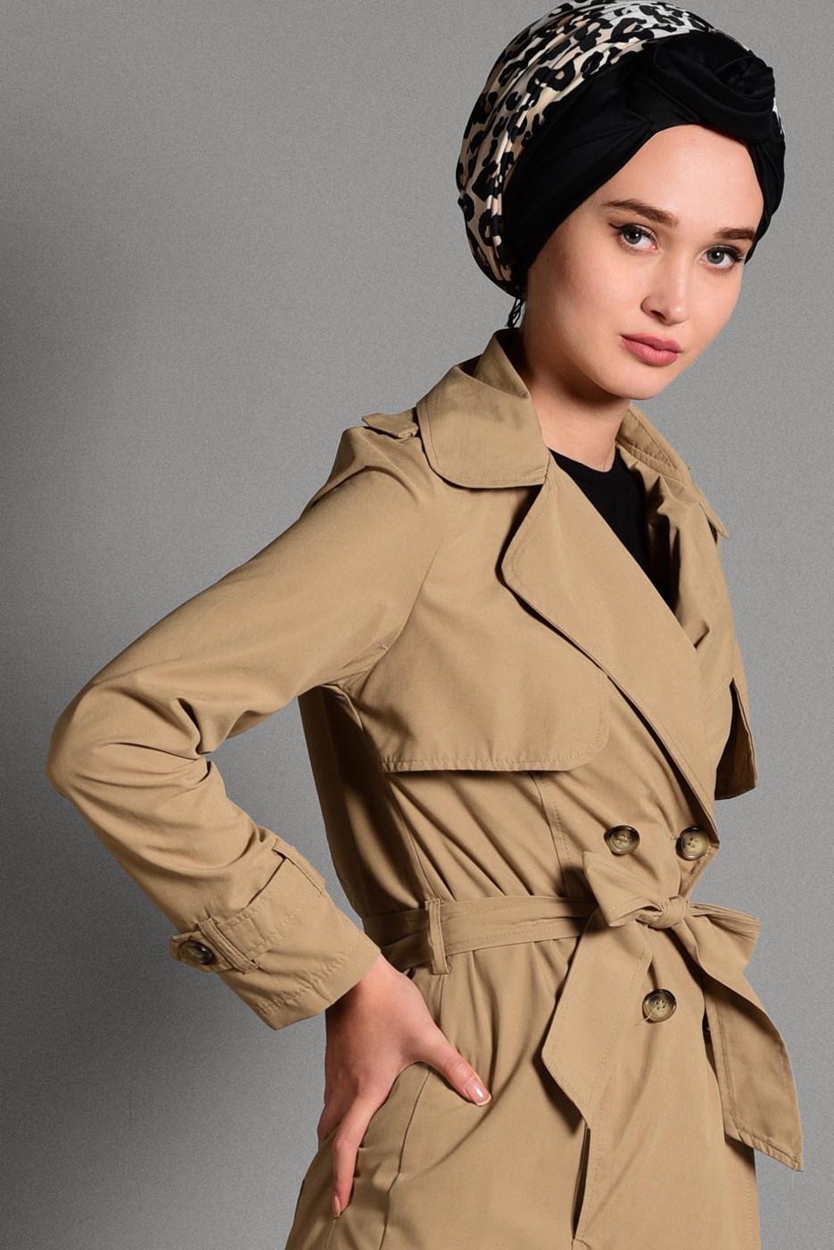 Hijab clothing BROWN BELTED TRENCH-COAT 6308 