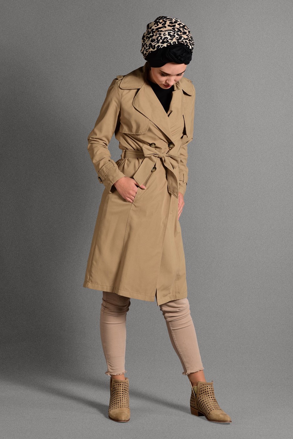 Hijab clothing BROWN BELTED TRENCH-COAT 6308 