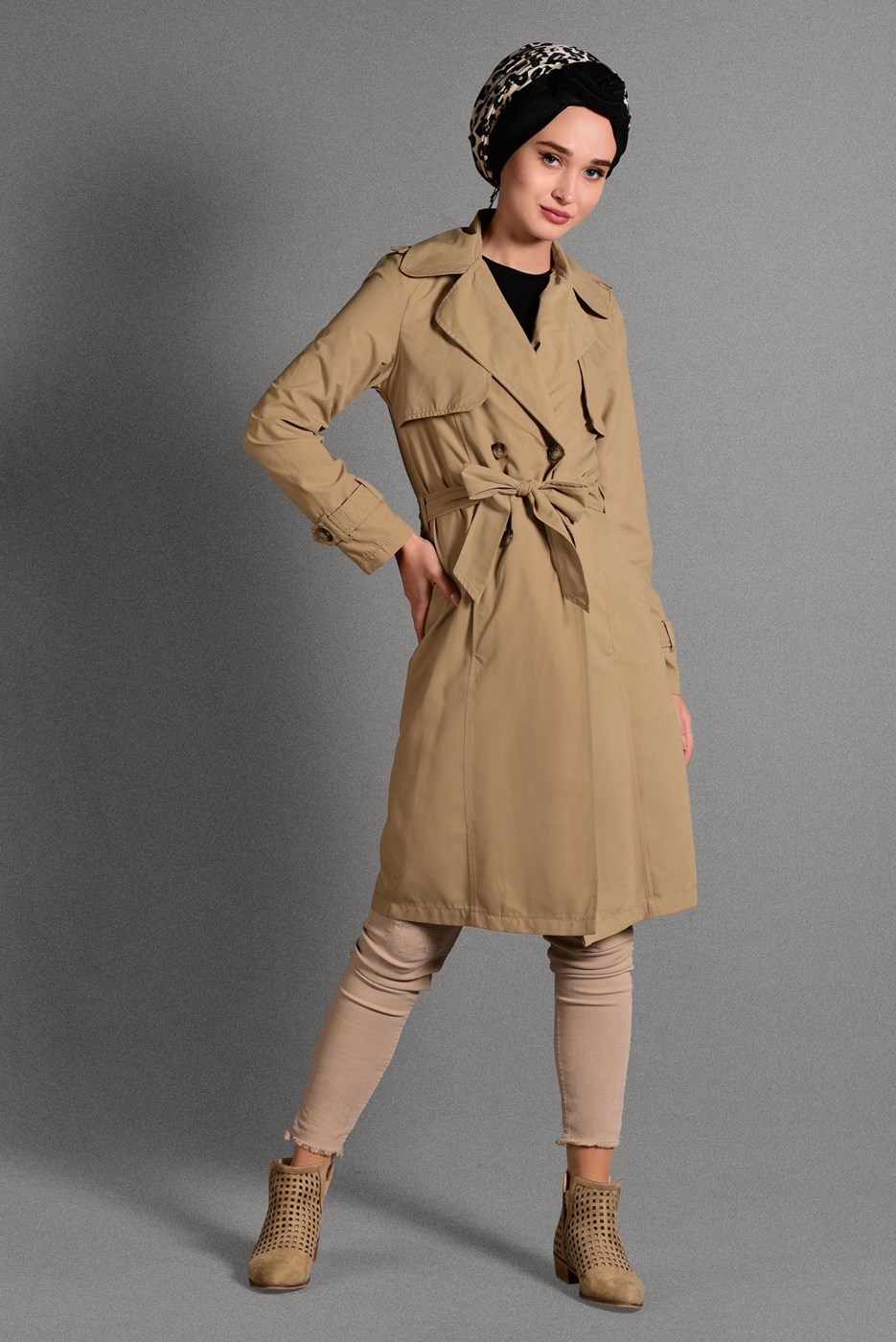 Hijab clothing BROWN BELTED TRENCH-COAT 6308 