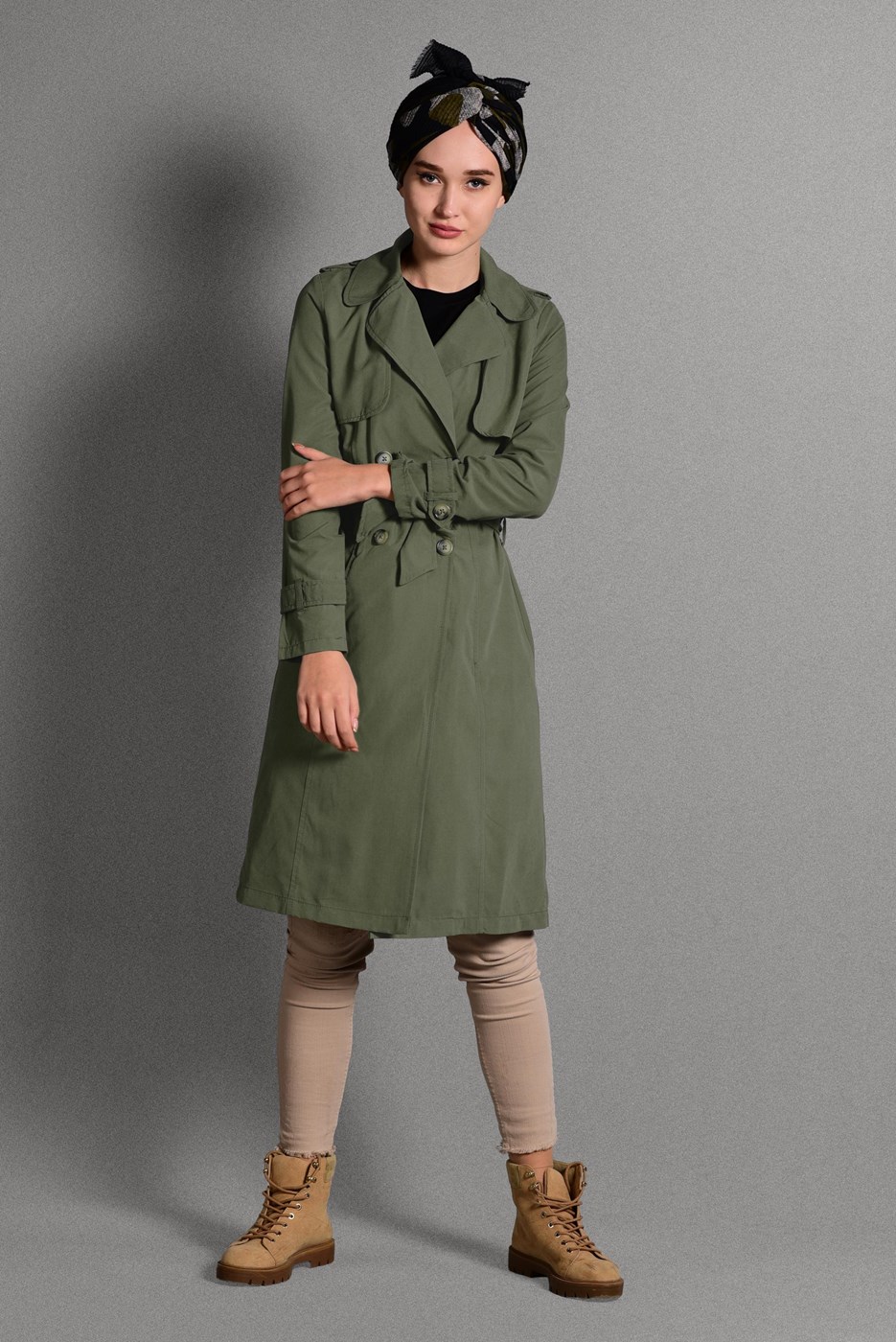 Hijab clothing KHAKI BELTED TRENCH-COAT 6308 
