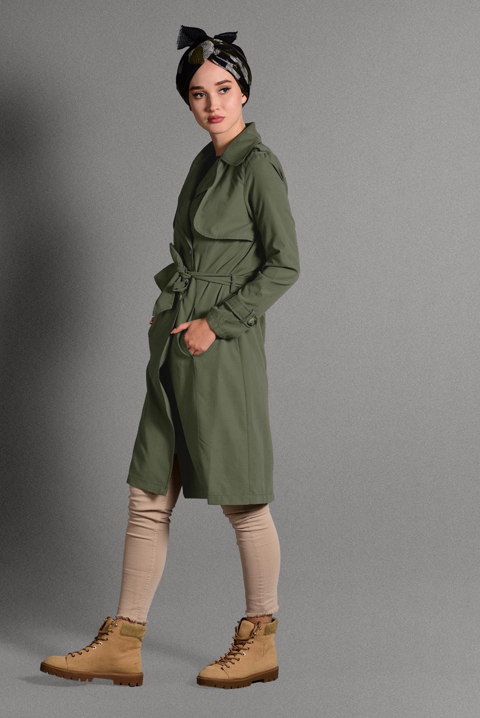 Hijab clothing KHAKI BELTED TRENCH-COAT 6308 