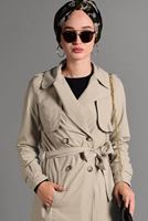 Tesettür giyim BEJ KLASİK KESİM BELİ KUŞAKLI TRENÇKOT 6308 