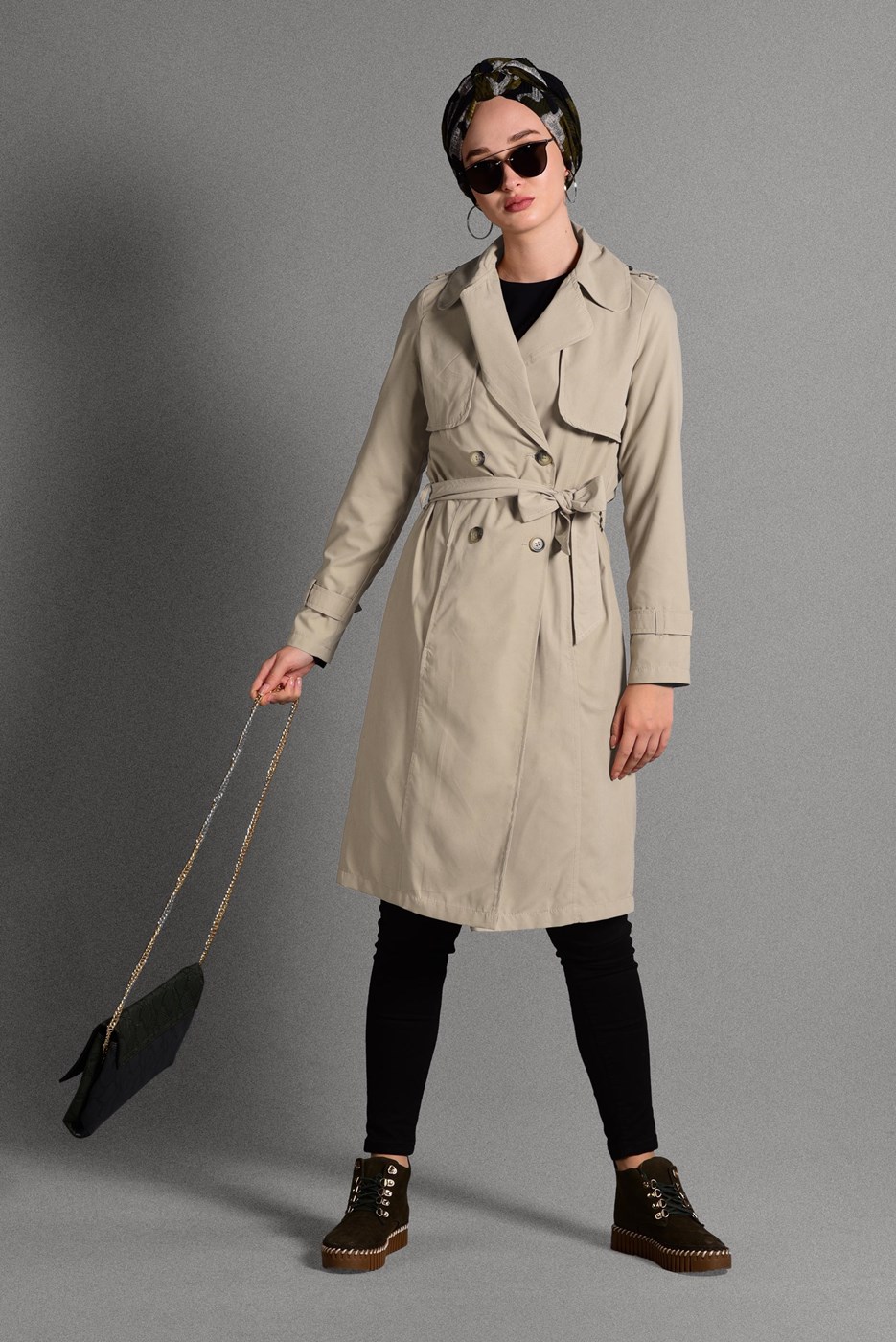 Tesettür giyim BEJ KLASİK KESİM BELİ KUŞAKLI TRENÇKOT 6308 