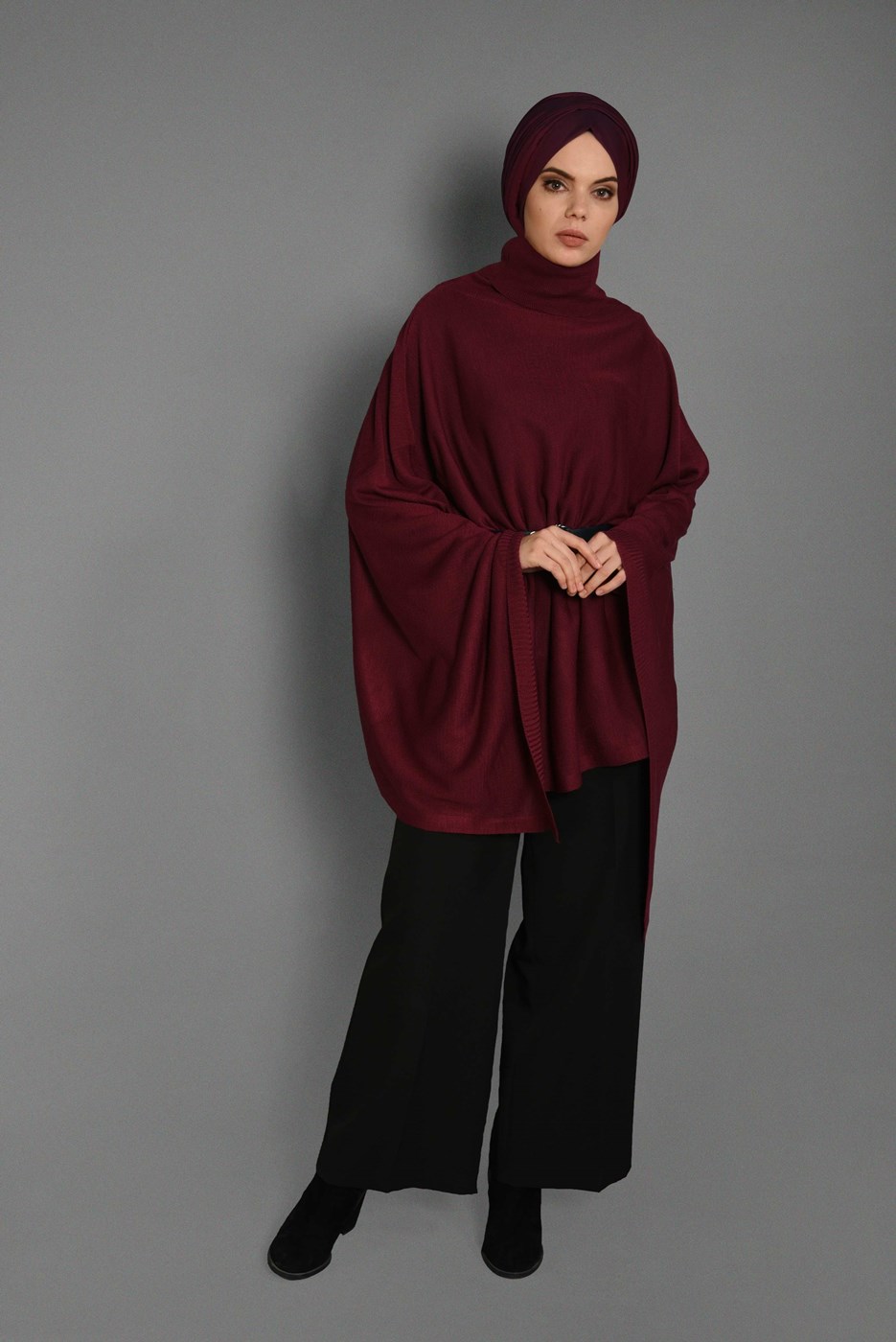 Tesettür giyim BORDO BALIKÇI YAKA SALAŞ PANÇO 89101 