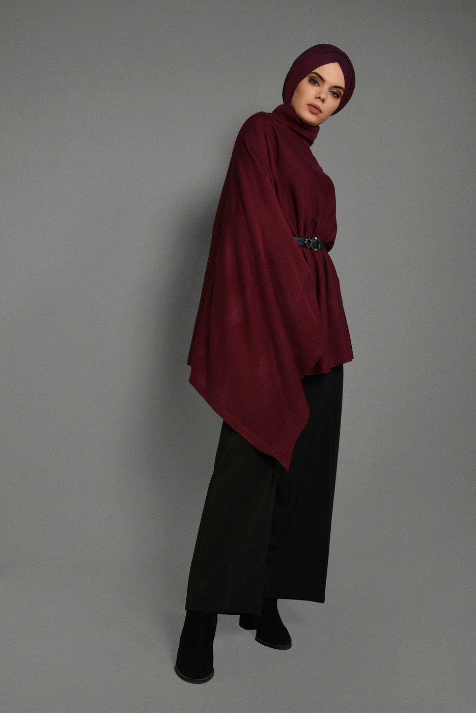 Tesettür giyim BORDO BALIKÇI YAKA SALAŞ PANÇO 89101 
