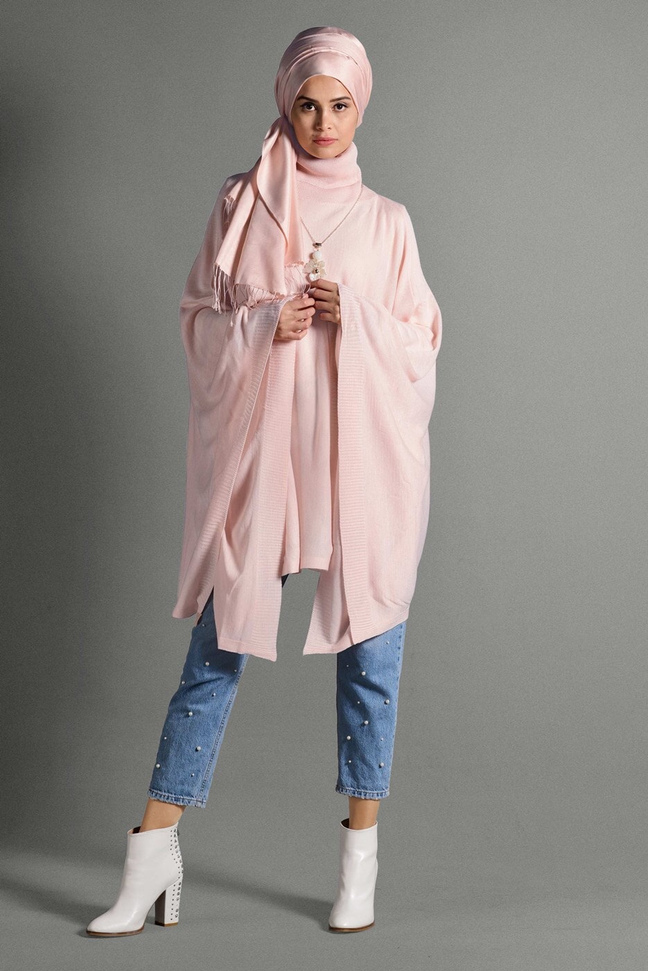 Tesettür giyim PUDRA BALIKÇI YAKA SALAŞ PANÇO 89101 