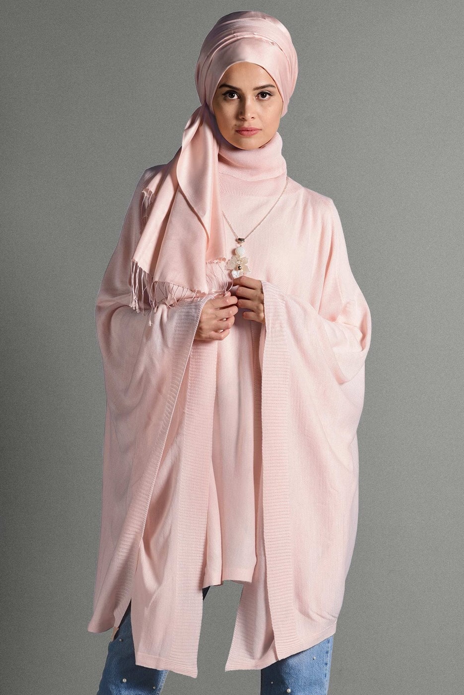 Tesettür giyim PUDRA BALIKÇI YAKA SALAŞ PANÇO 89101 