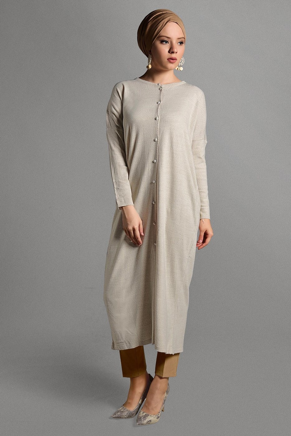 Hijab clothing BEIGE PEARL DETAILED CARDIGAN 406 