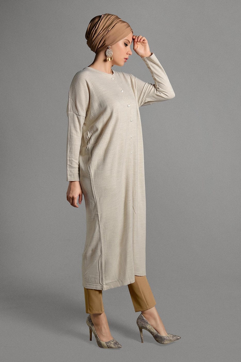 Hijab clothing BEIGE PEARL DETAILED CARDIGAN 406 