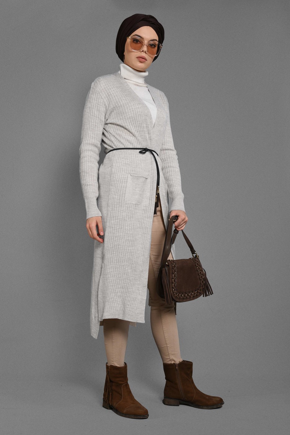 Tesettür giyim BEJ CEP DETAYLI TRİKO HIRKA 1619 