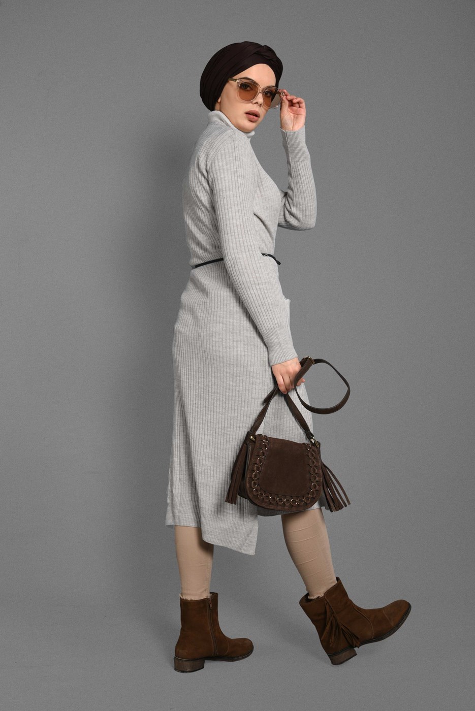 Tesettür giyim BEJ CEP DETAYLI TRİKO HIRKA 1619 