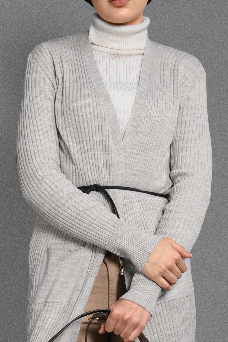 Tesettür giyim BEJ CEP DETAYLI TRİKO HIRKA 1619 