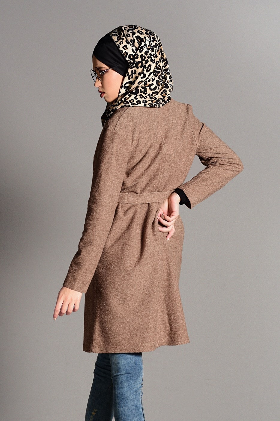 Tesettür giyim BEJ KUŞAKLI KEÇE CEKET 2419 