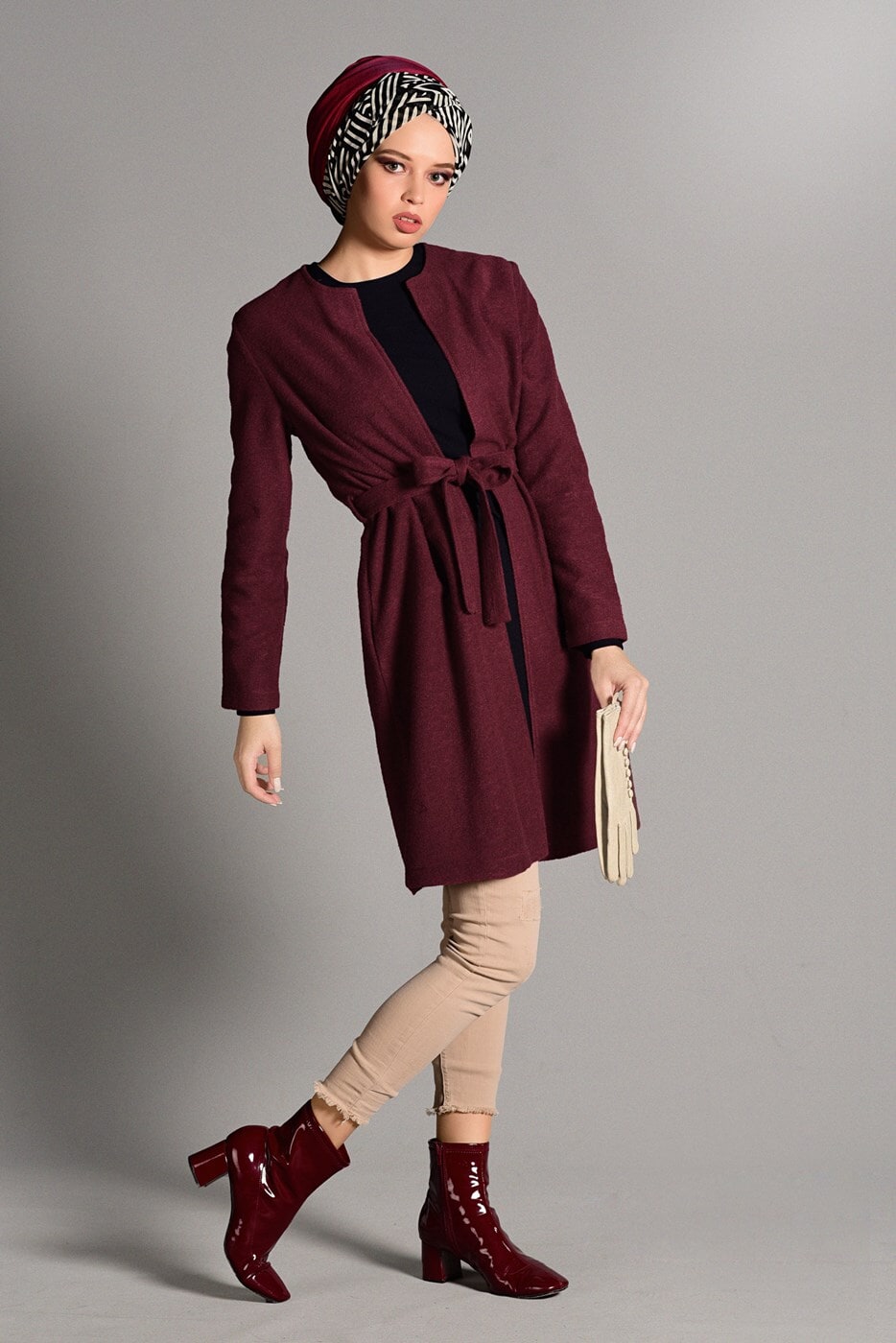 Tesettür giyim BORDO KUŞAKLI KEÇE CEKET 2419 