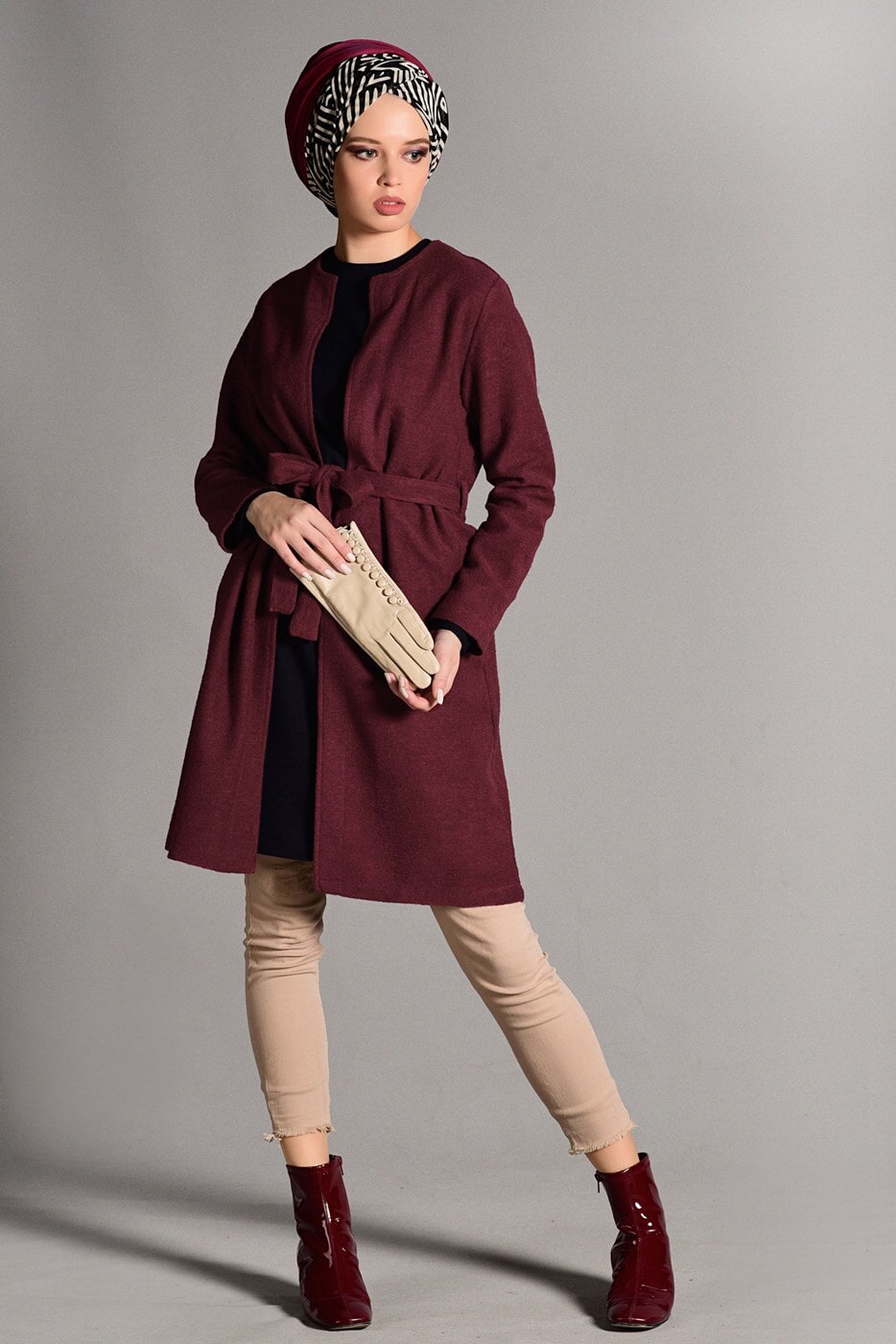 Tesettür giyim BORDO KUŞAKLI KEÇE CEKET 2419 