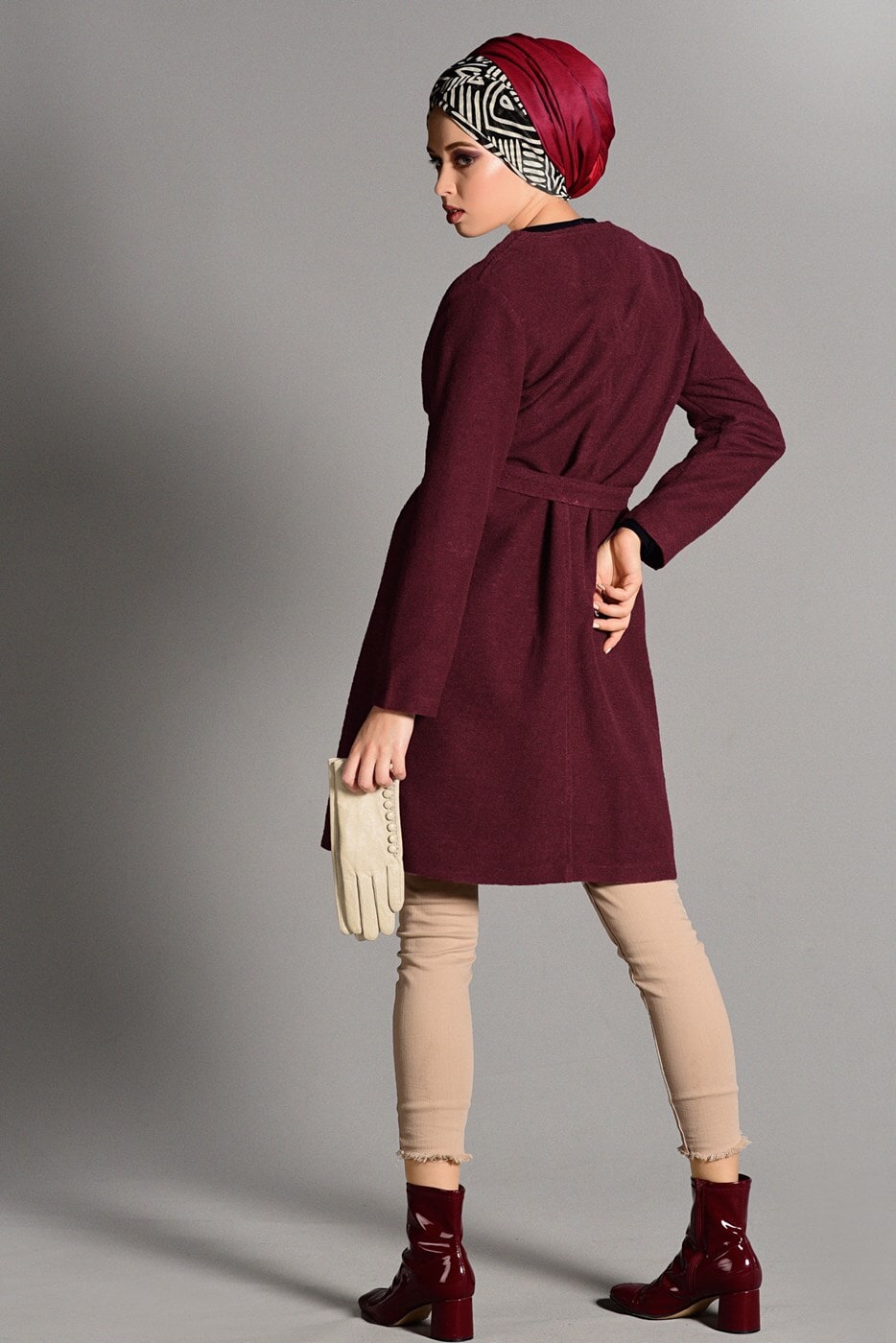 Tesettür giyim BORDO KUŞAKLI KEÇE CEKET 2419 