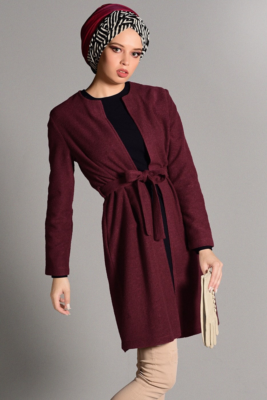 Tesettür giyim BORDO KUŞAKLI KEÇE CEKET 2419 